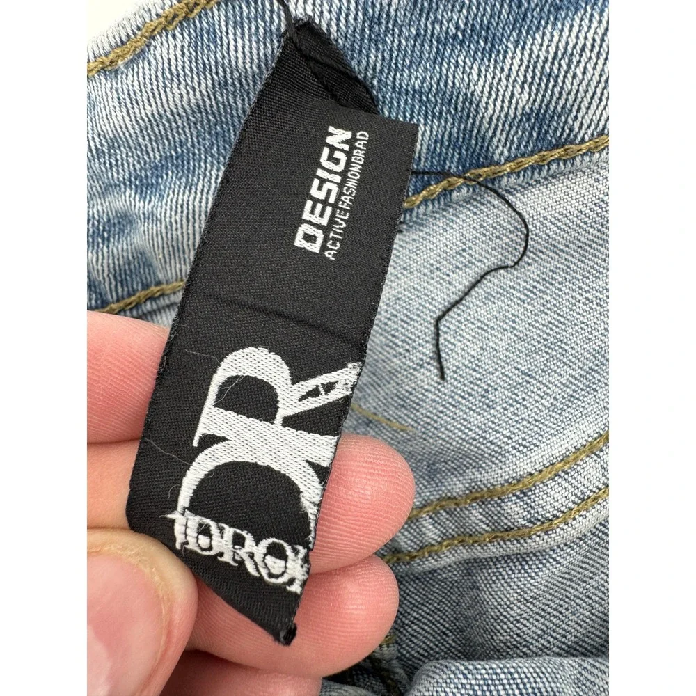 BWEROTT Mens Distressed Light Wash Jeans with Spider Patches Size 35x31